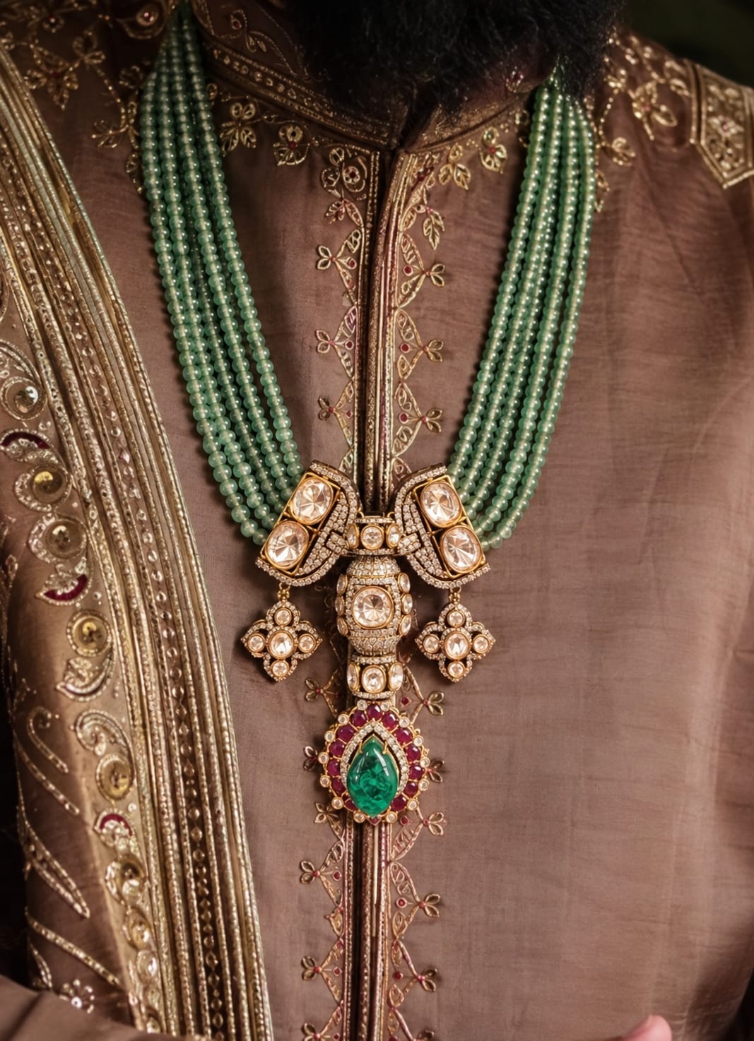 Emerald Heritage Motif Polki Mala