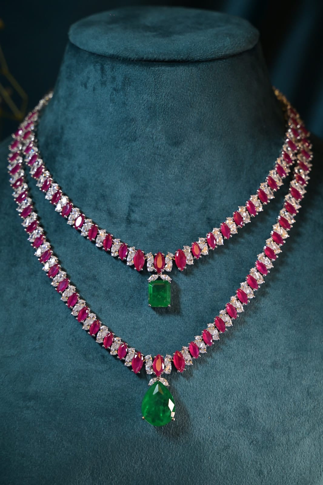 Ruby & Emerald Duo Layered Necklace Set