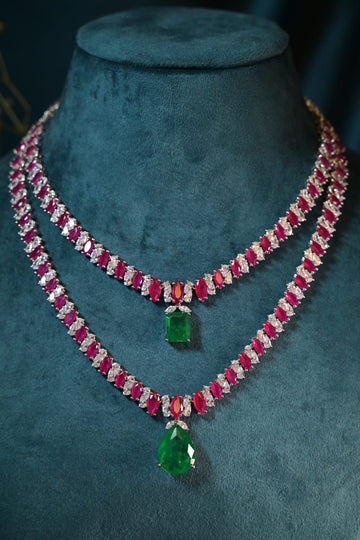 Ruby & Emerald Duo Layered Necklace Set