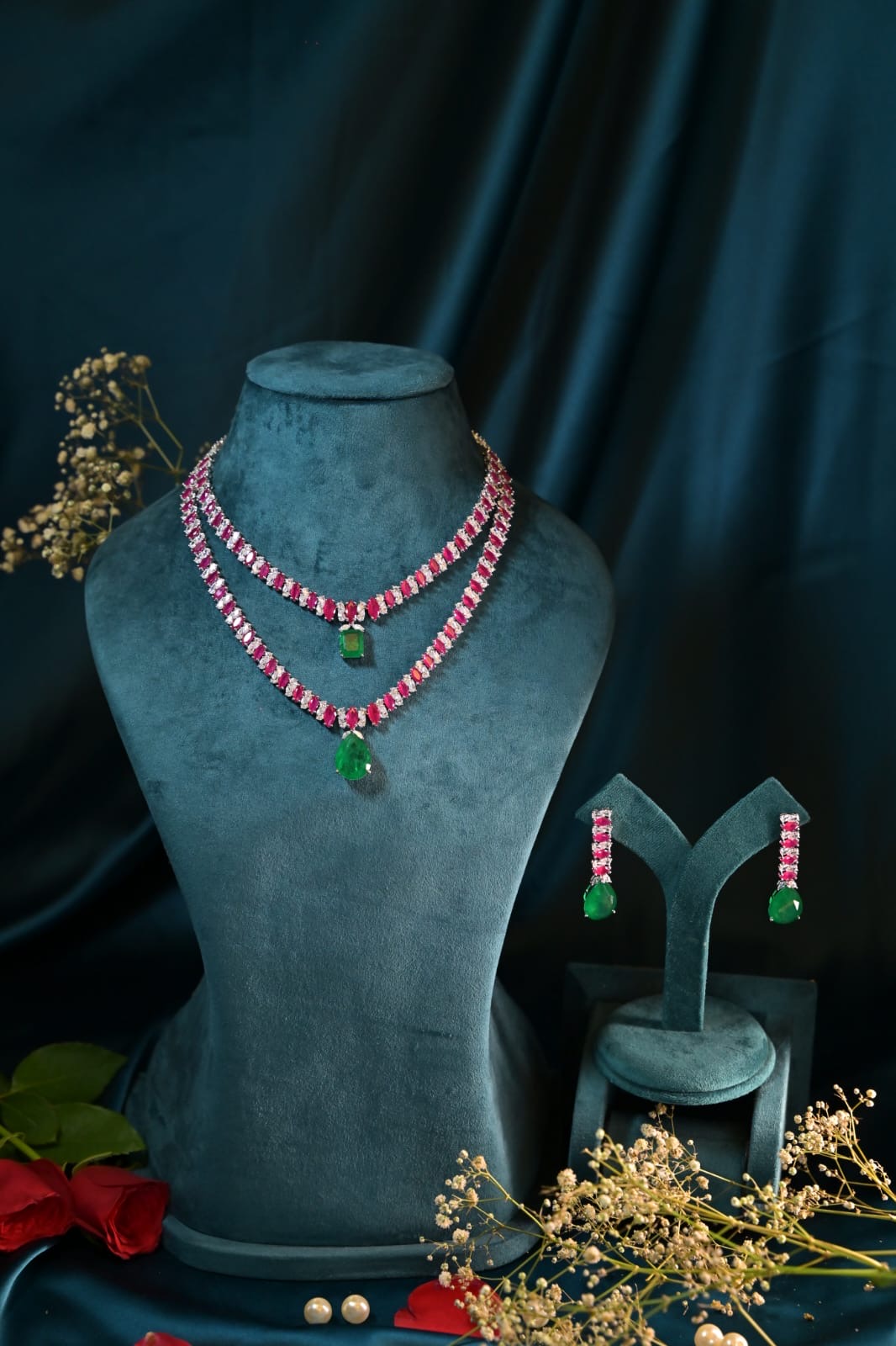 Ruby & Emerald Duo Layered Necklace Set