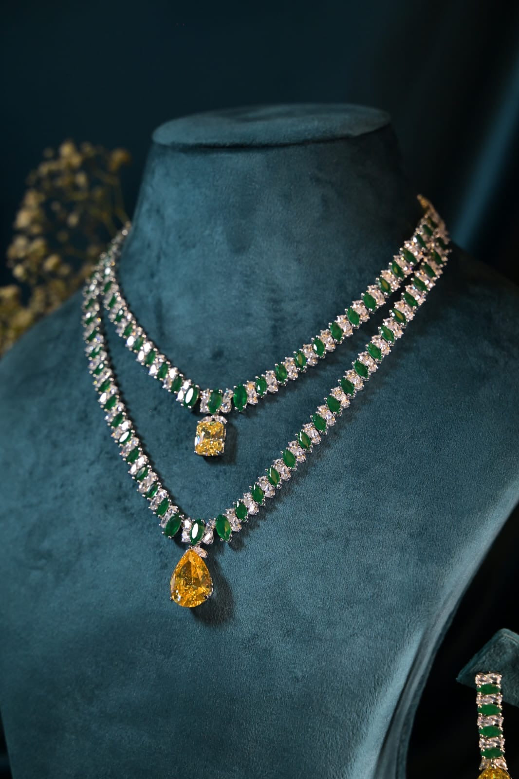 Citrine & Emerald Duo Layered Necklace Set