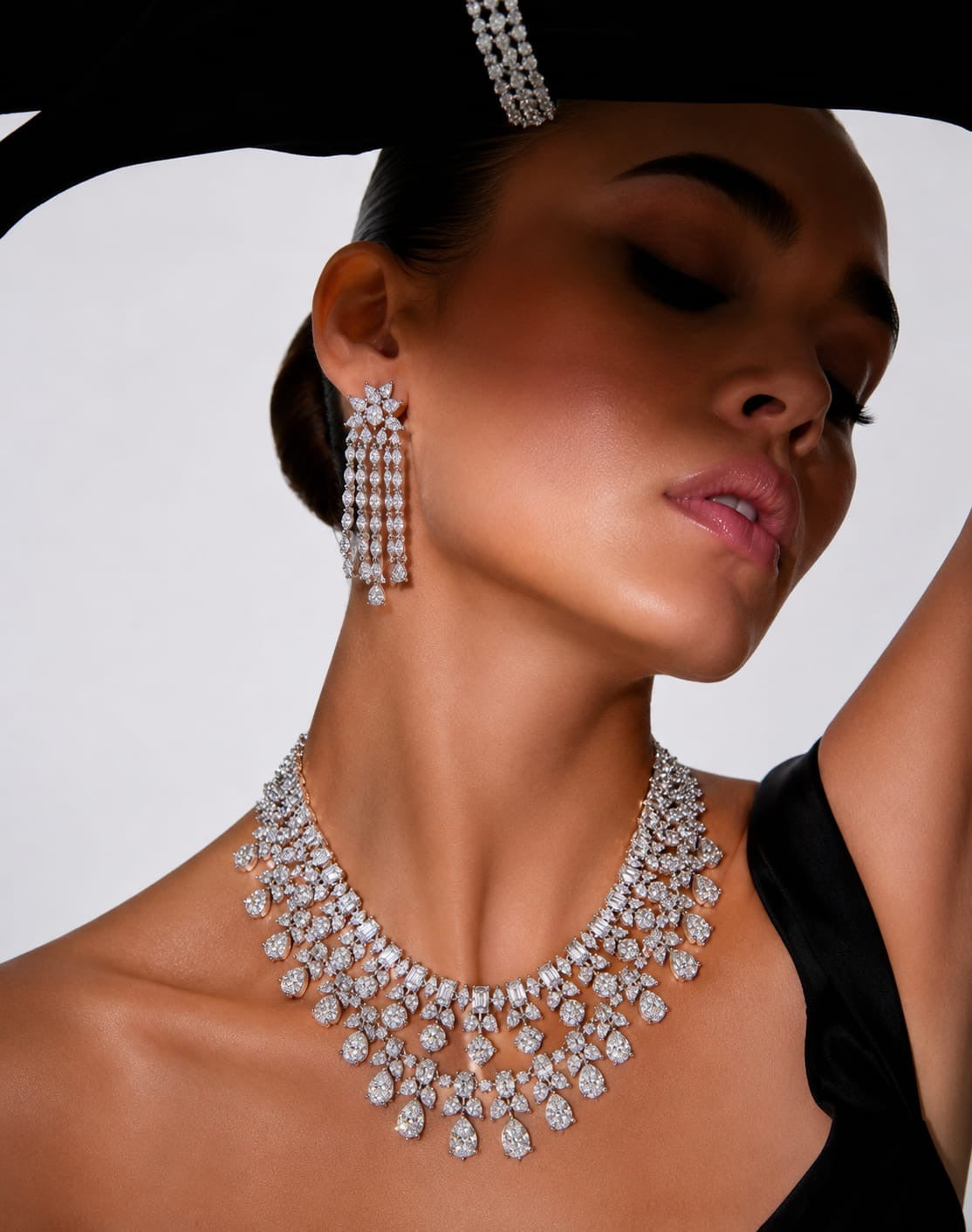 Crystal Diamond Cascade Statement Necklace Set