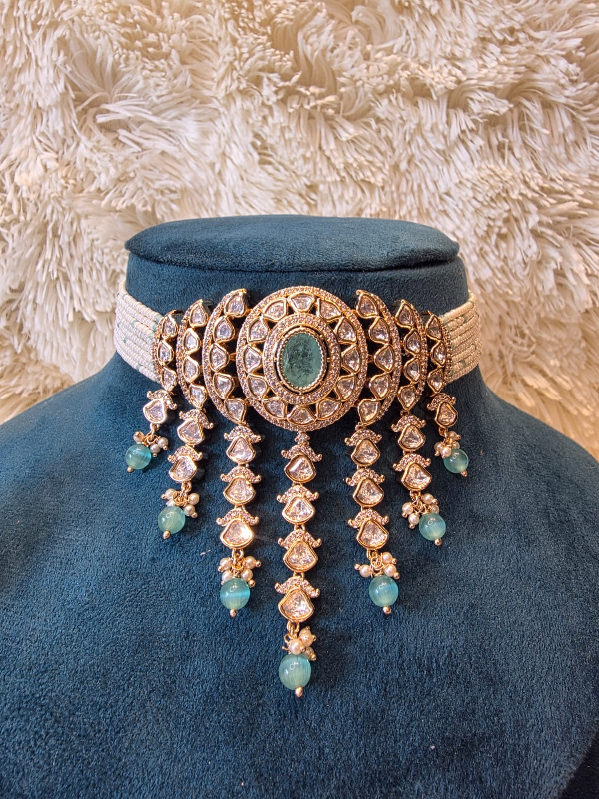 Mint Kundan cascade choker set