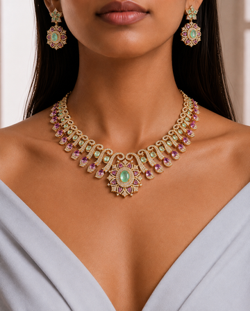 Emerald & Pink Statement Necklace Set