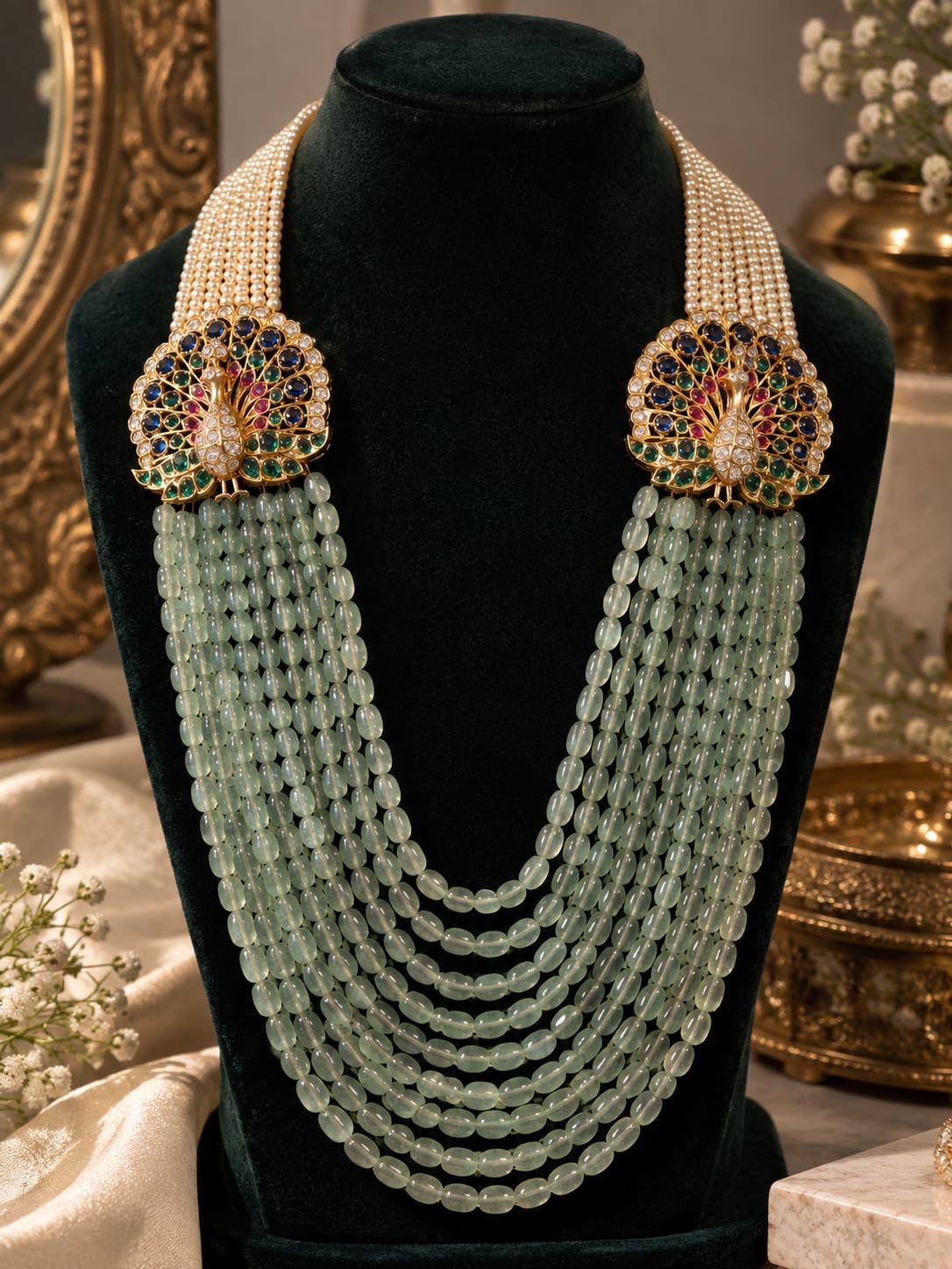 Emerald Beaded Peacock Layered Necklace Set