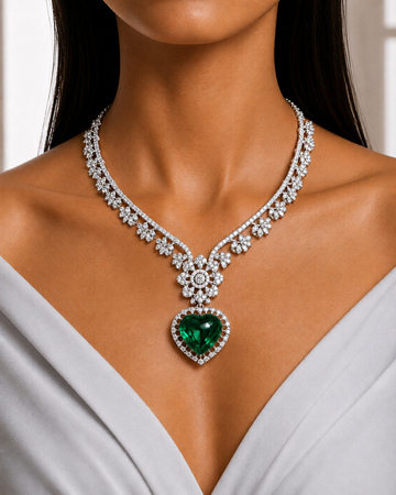Diamond Floral Emerald Motif Necklace