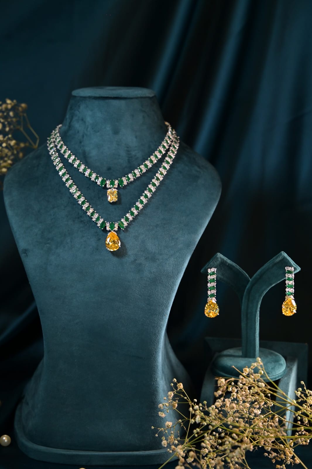 Citrine & Emerald Duo Layered Necklace Set