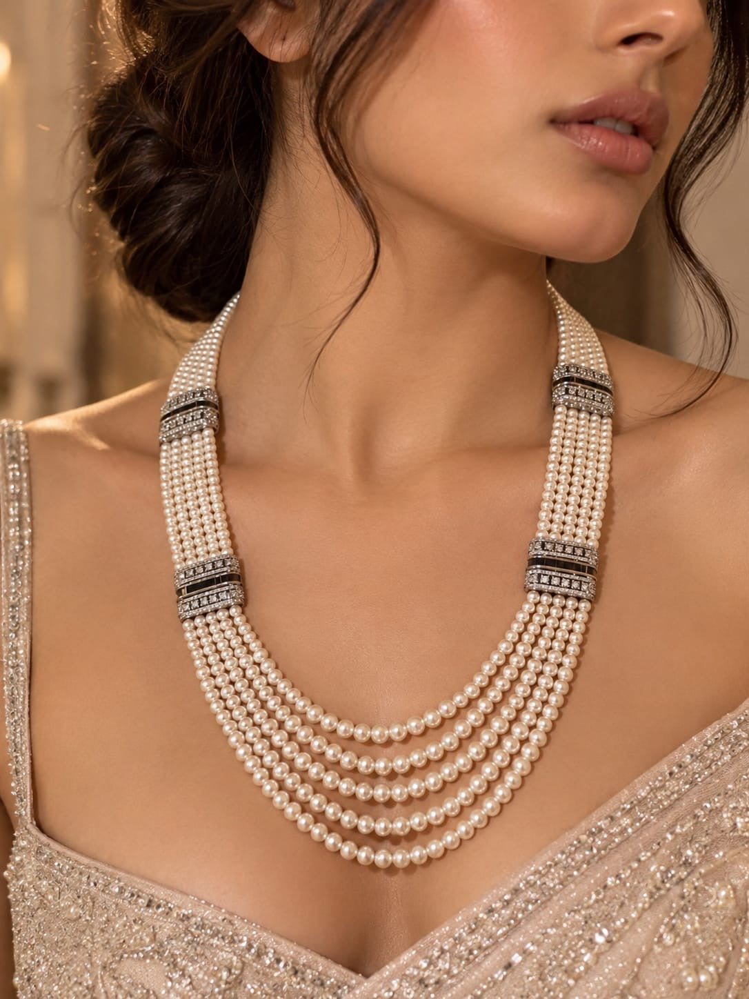 Pearl Cascade Black Necklace Set
