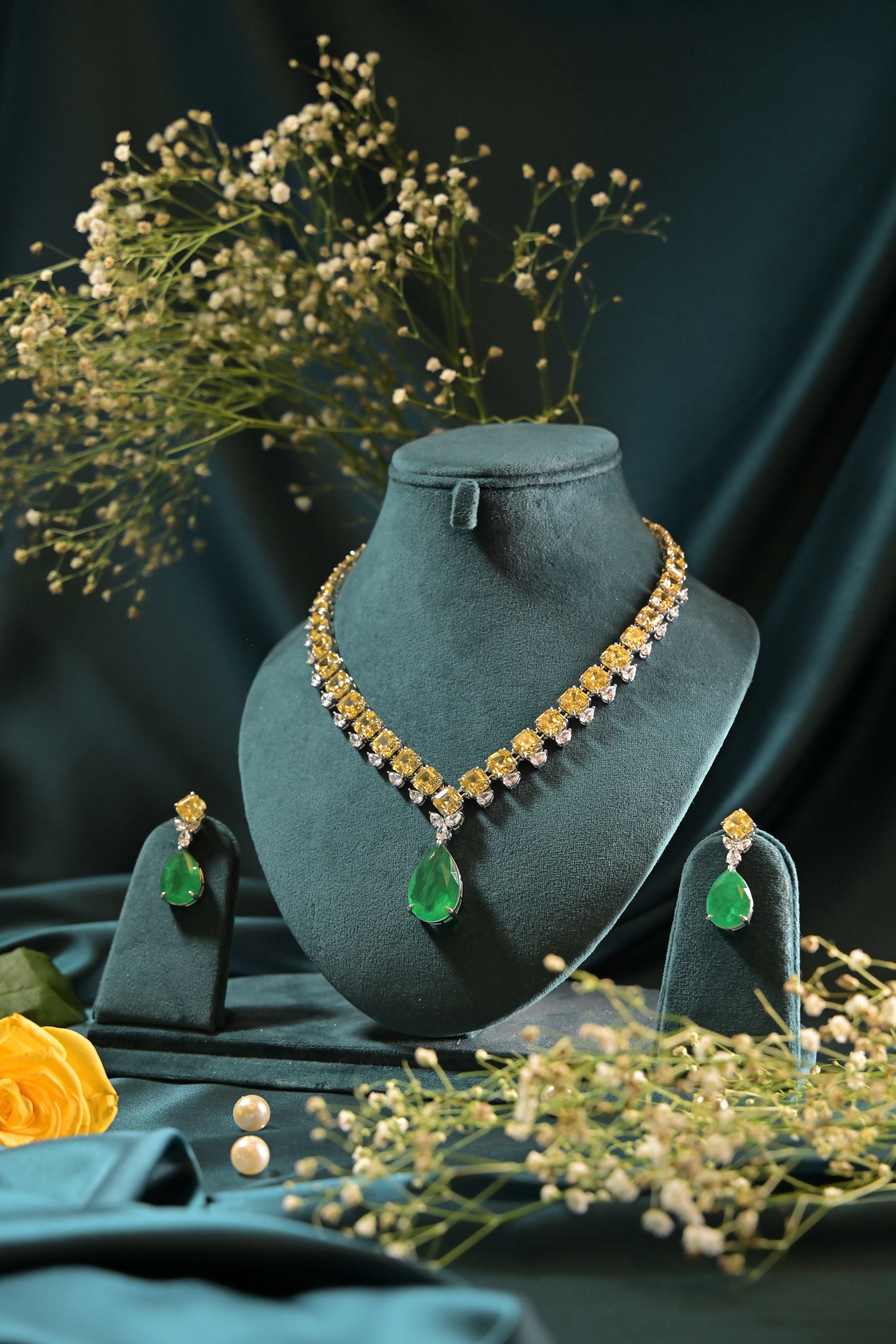 Citrine Drop Tennis Statement Necklace Set