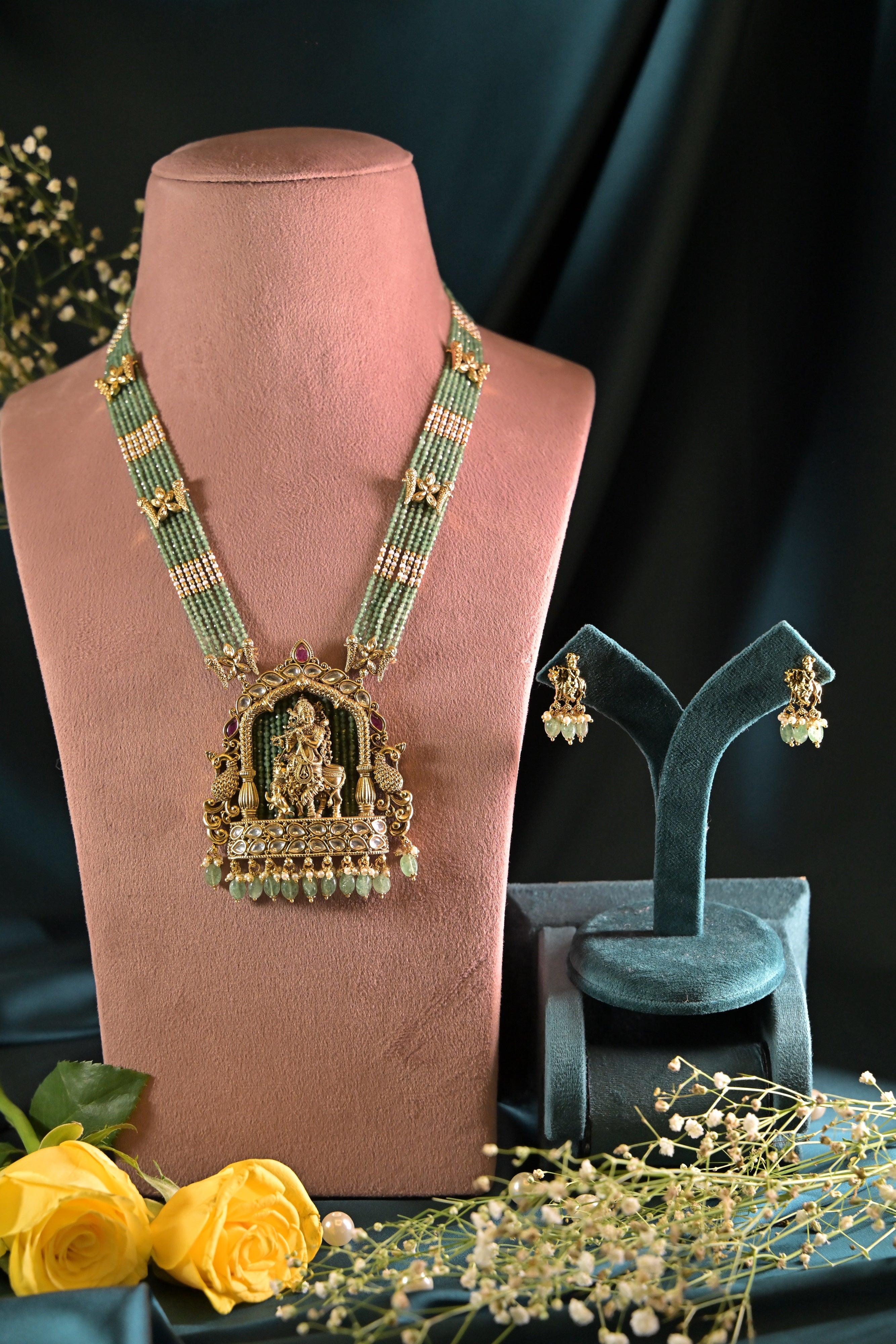 Temple Radha Krishna Ji Pendant Necklace Set