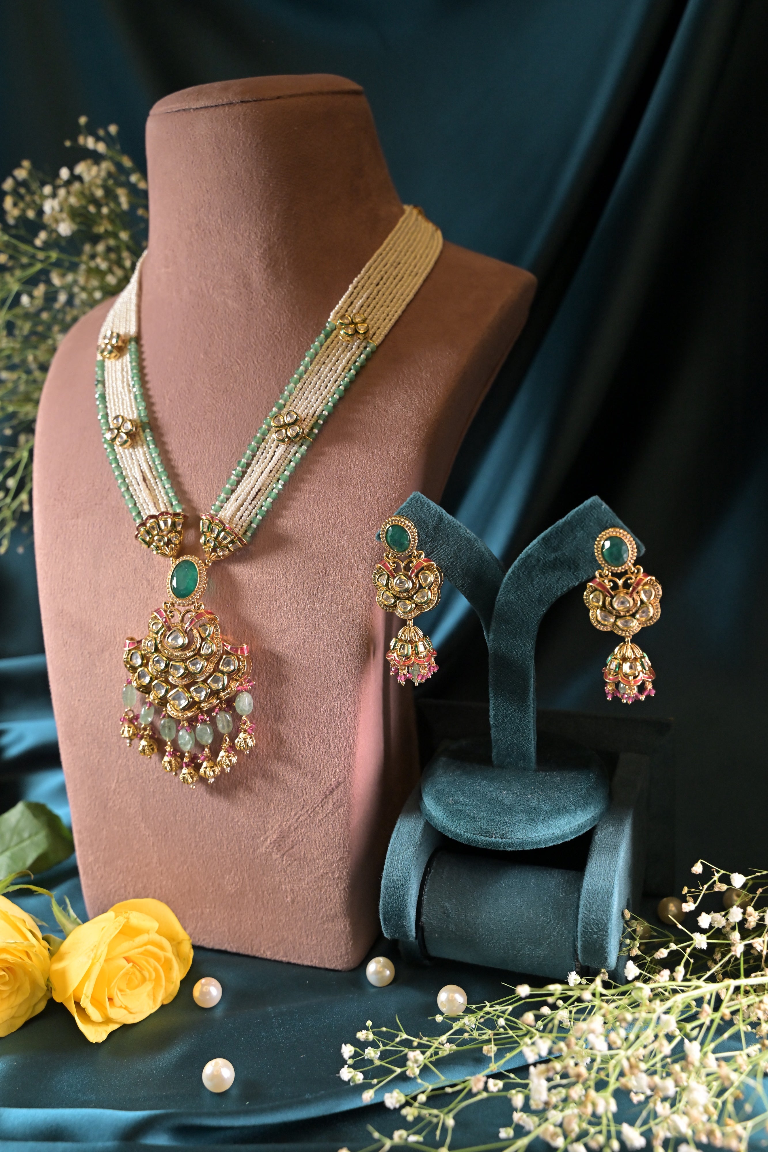 Majestic Beaded Long Heritage Kundan Necklace Set