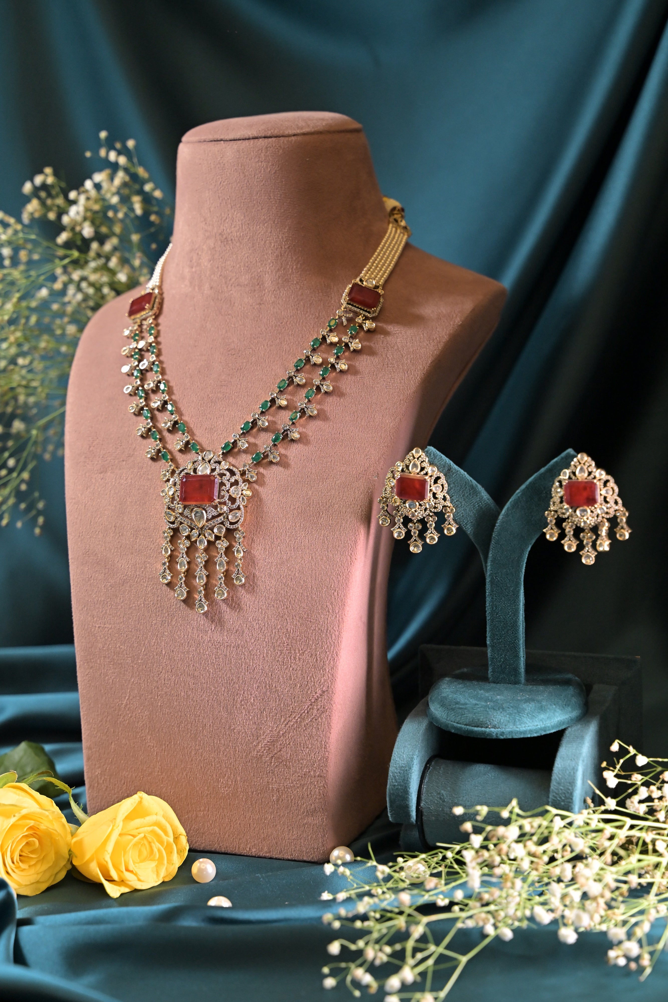 Ruby Heritage Beaded Polki Necklace Set