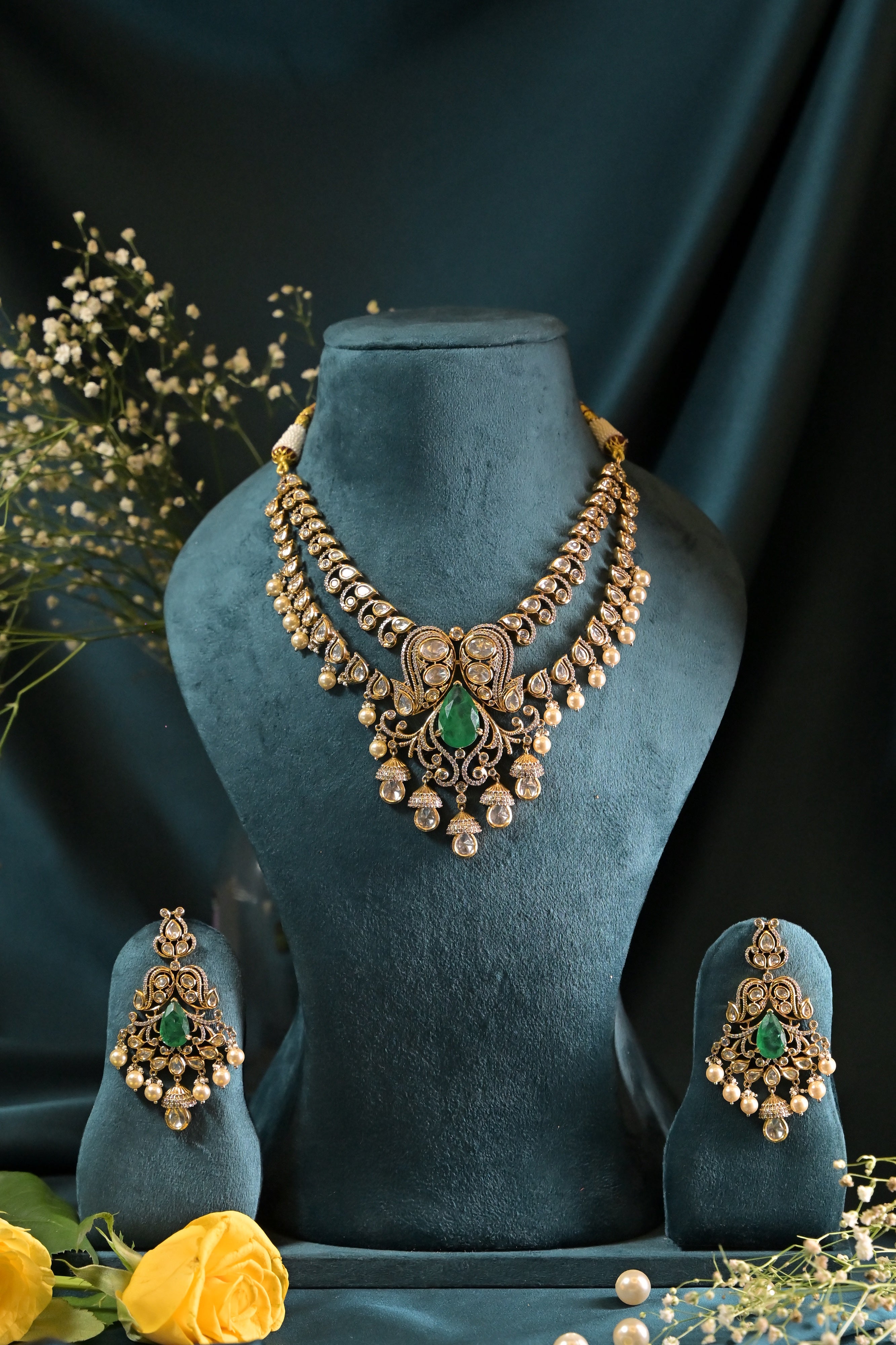 Emerald Pearl Polki Necklace Set