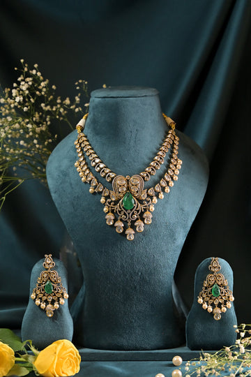 Emerald Pearl Polki Necklace Set
