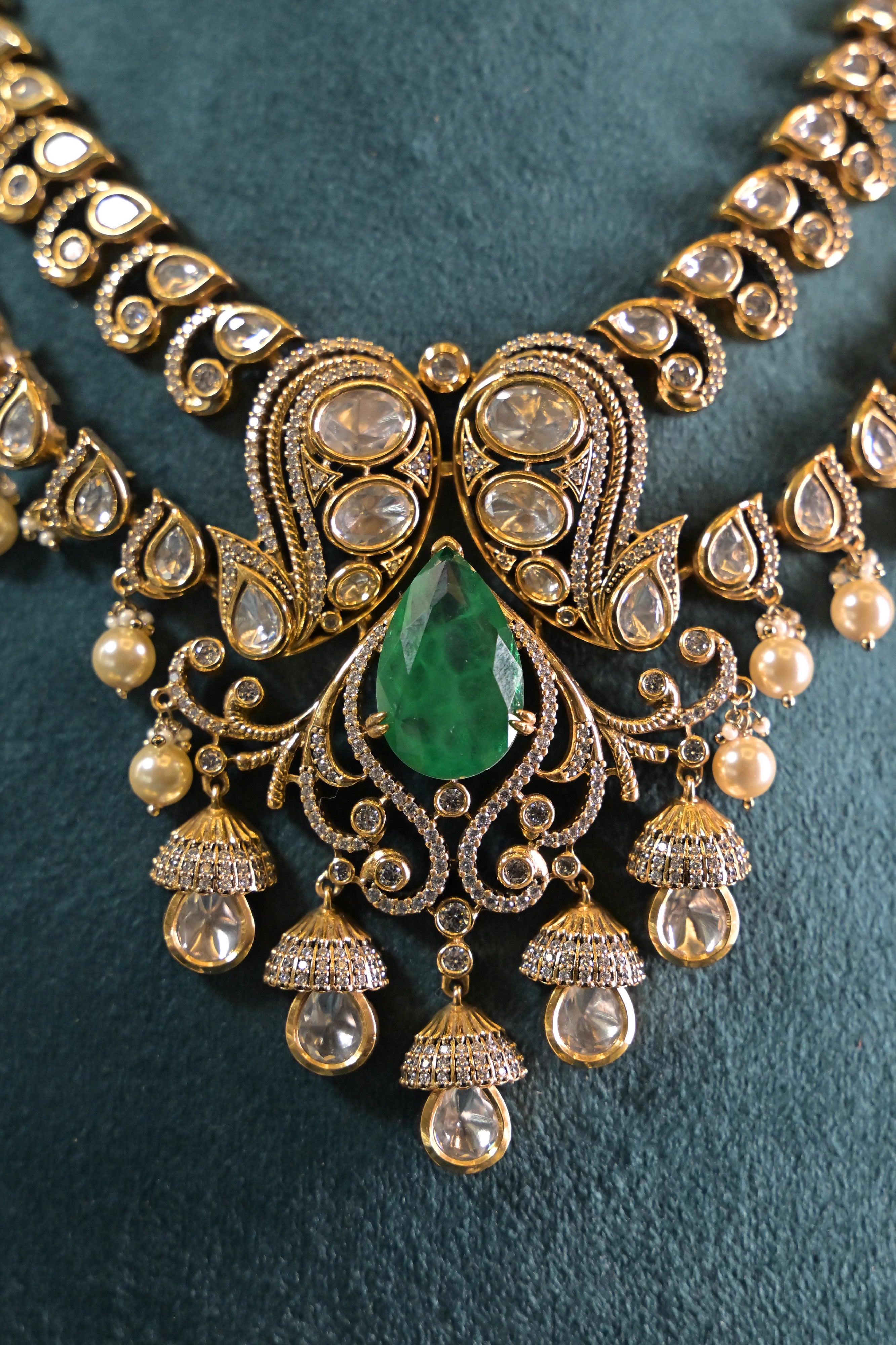 Emerald Pearl Polki Necklace Set