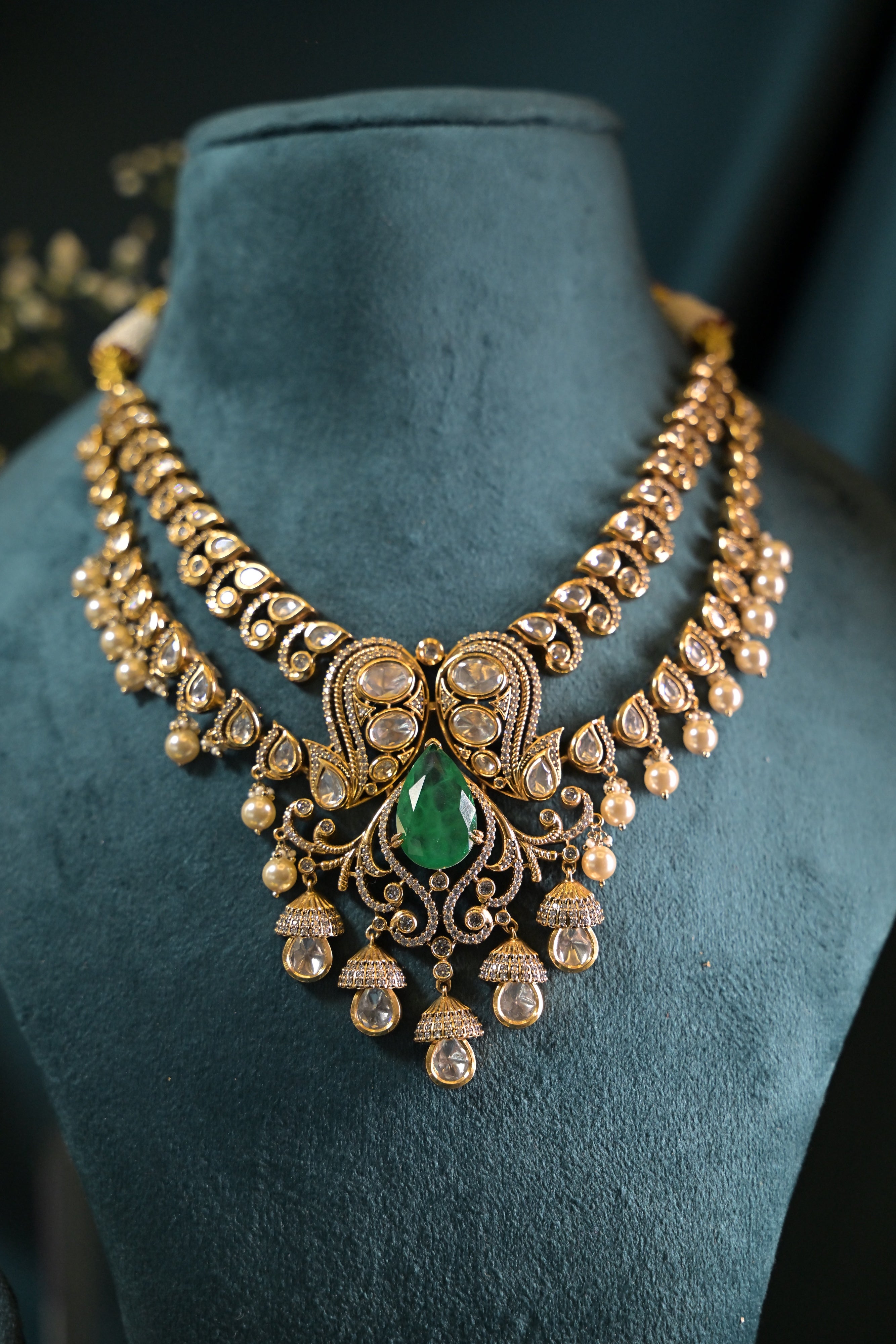 Emerald Pearl Polki Necklace Set