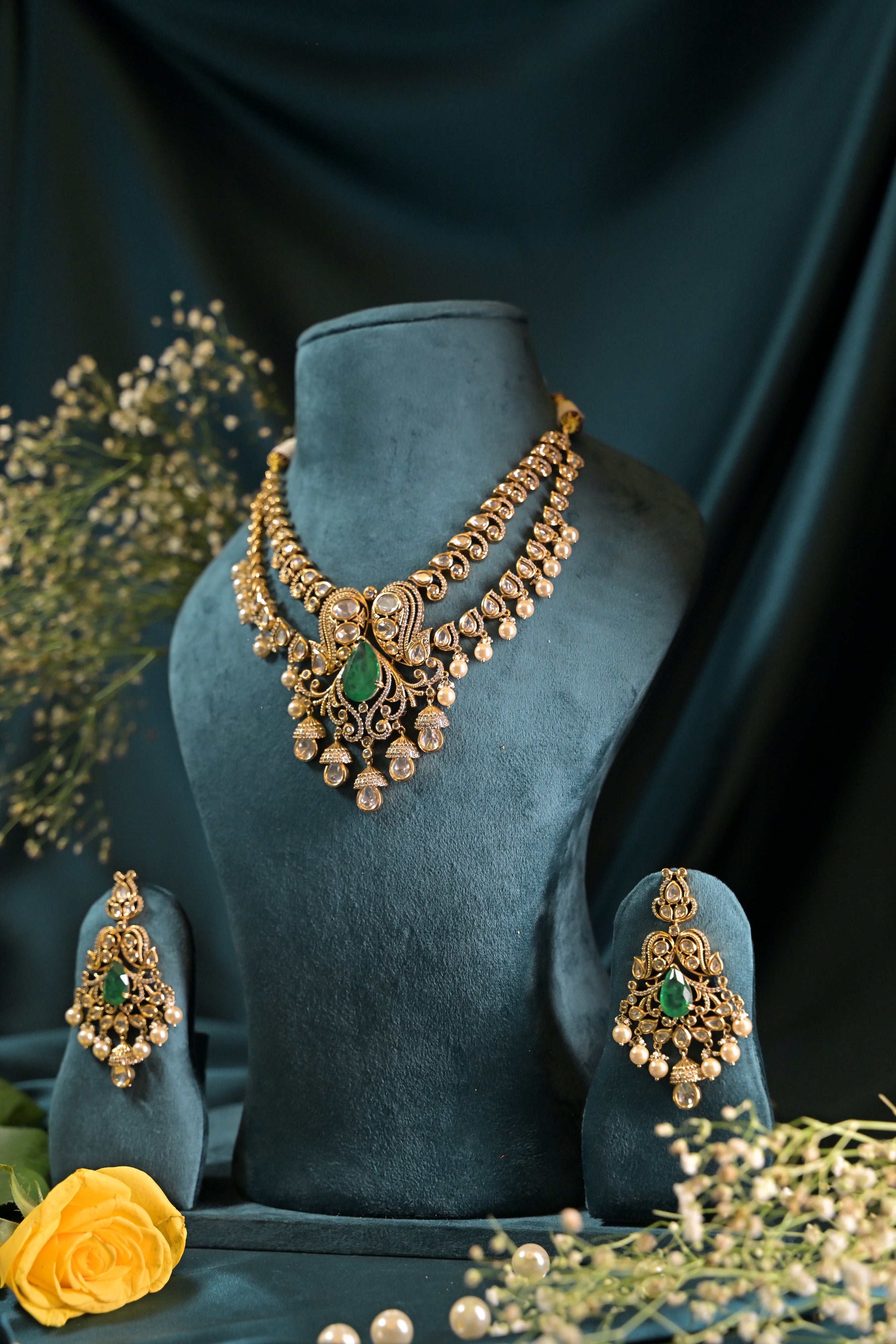 Emerald Pearl Polki Necklace Set