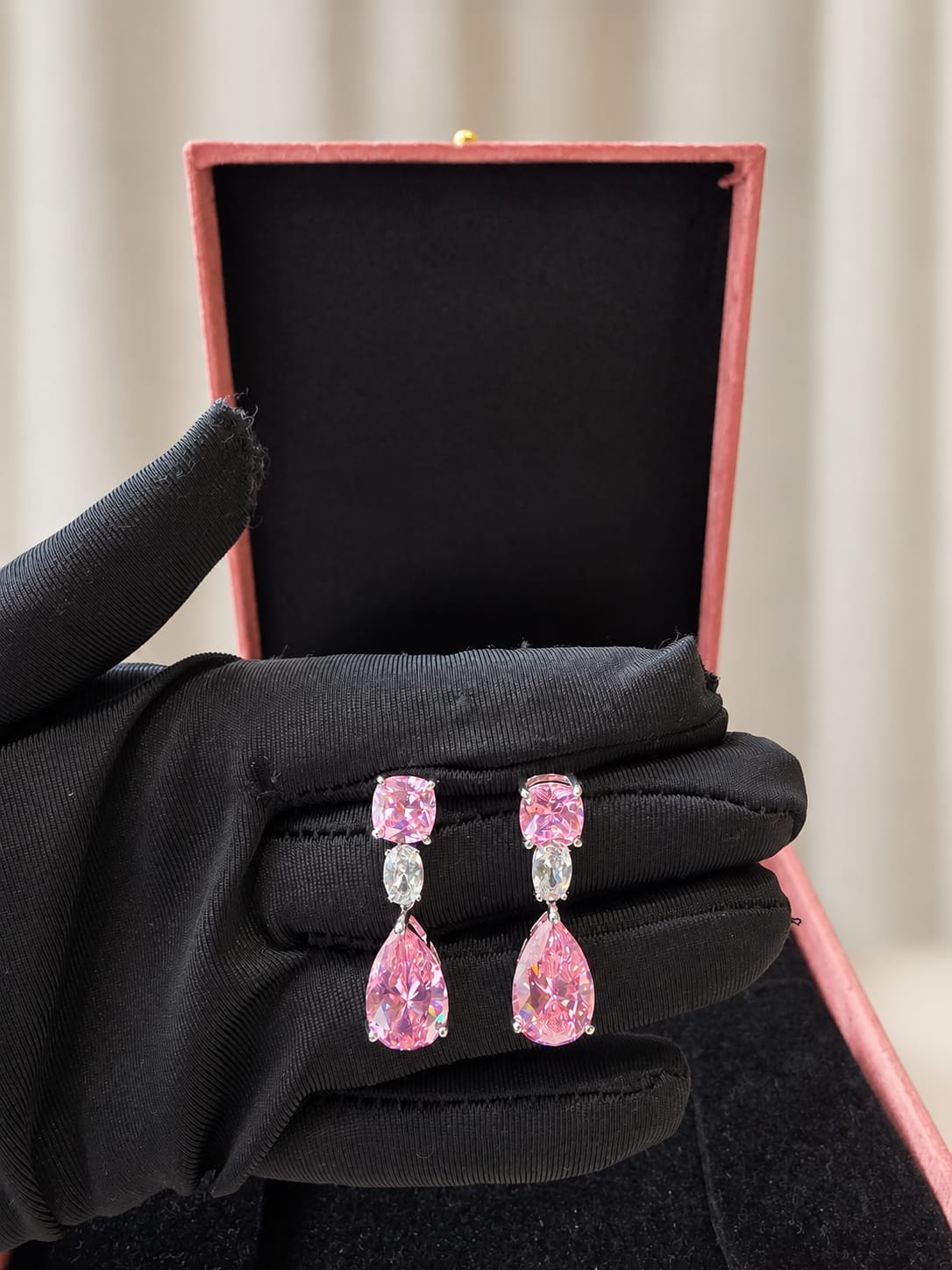 Pink Solitaire Teardrop Earrings