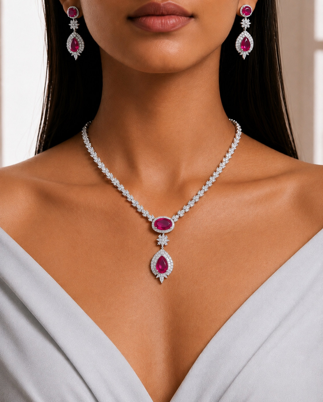 Elegant Ruby Drop Necklace Set