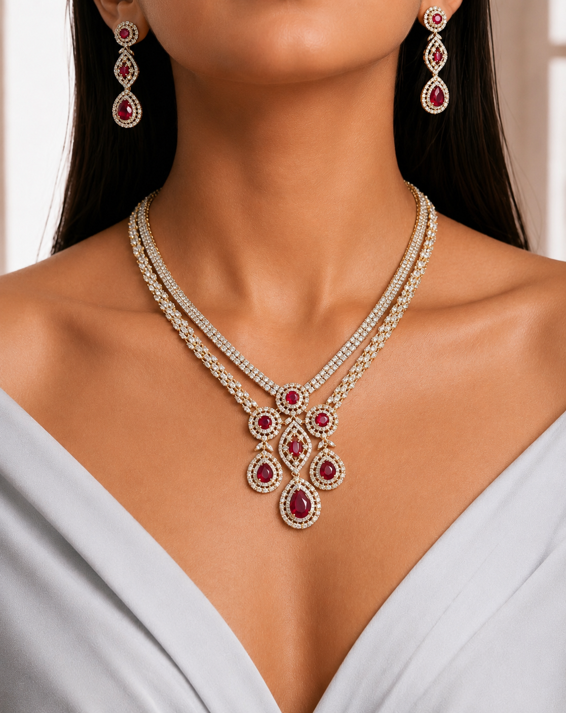 Elegant Ruby Layered Necklace Set
