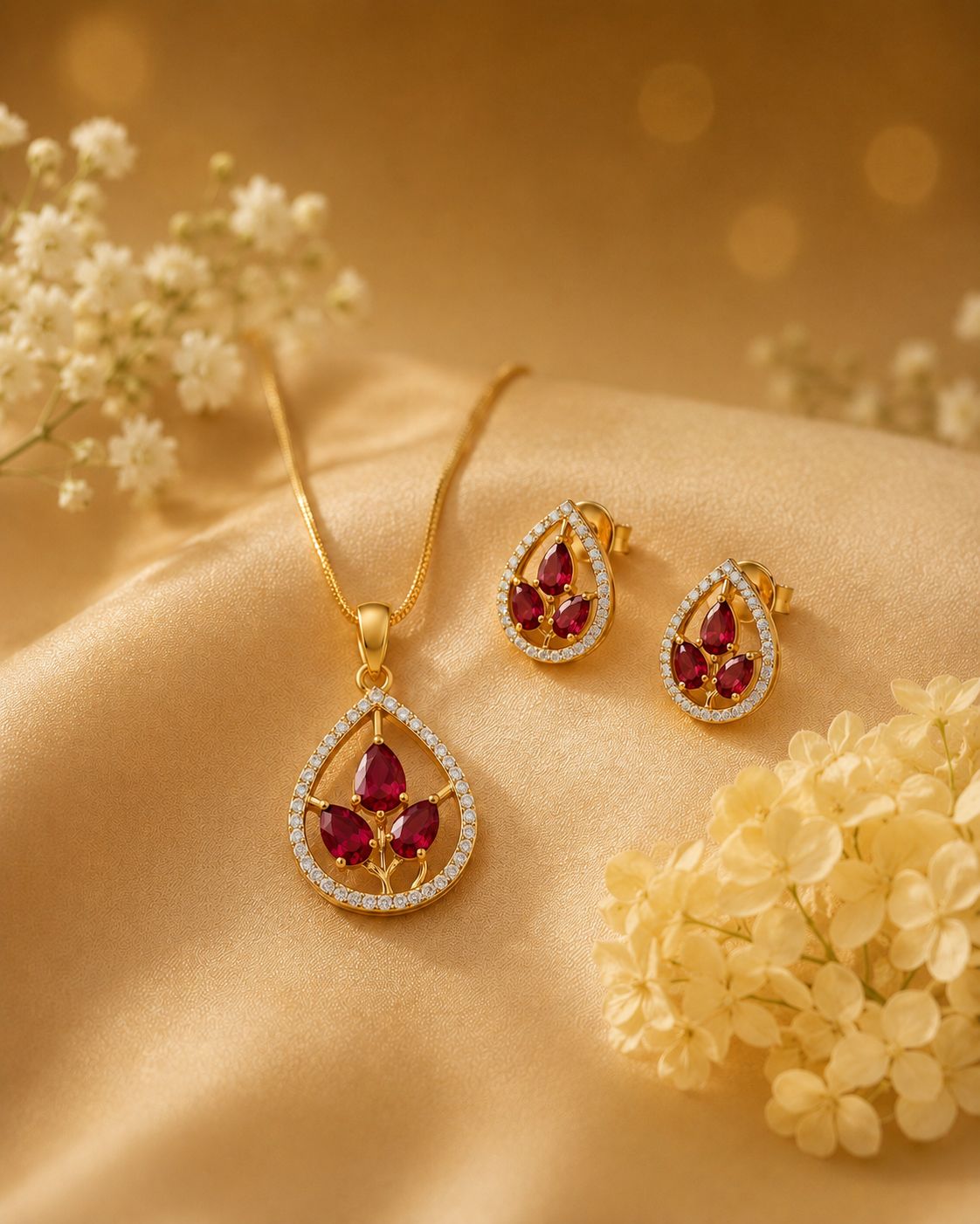 Ruby Bloom Teardrop Pendant Set