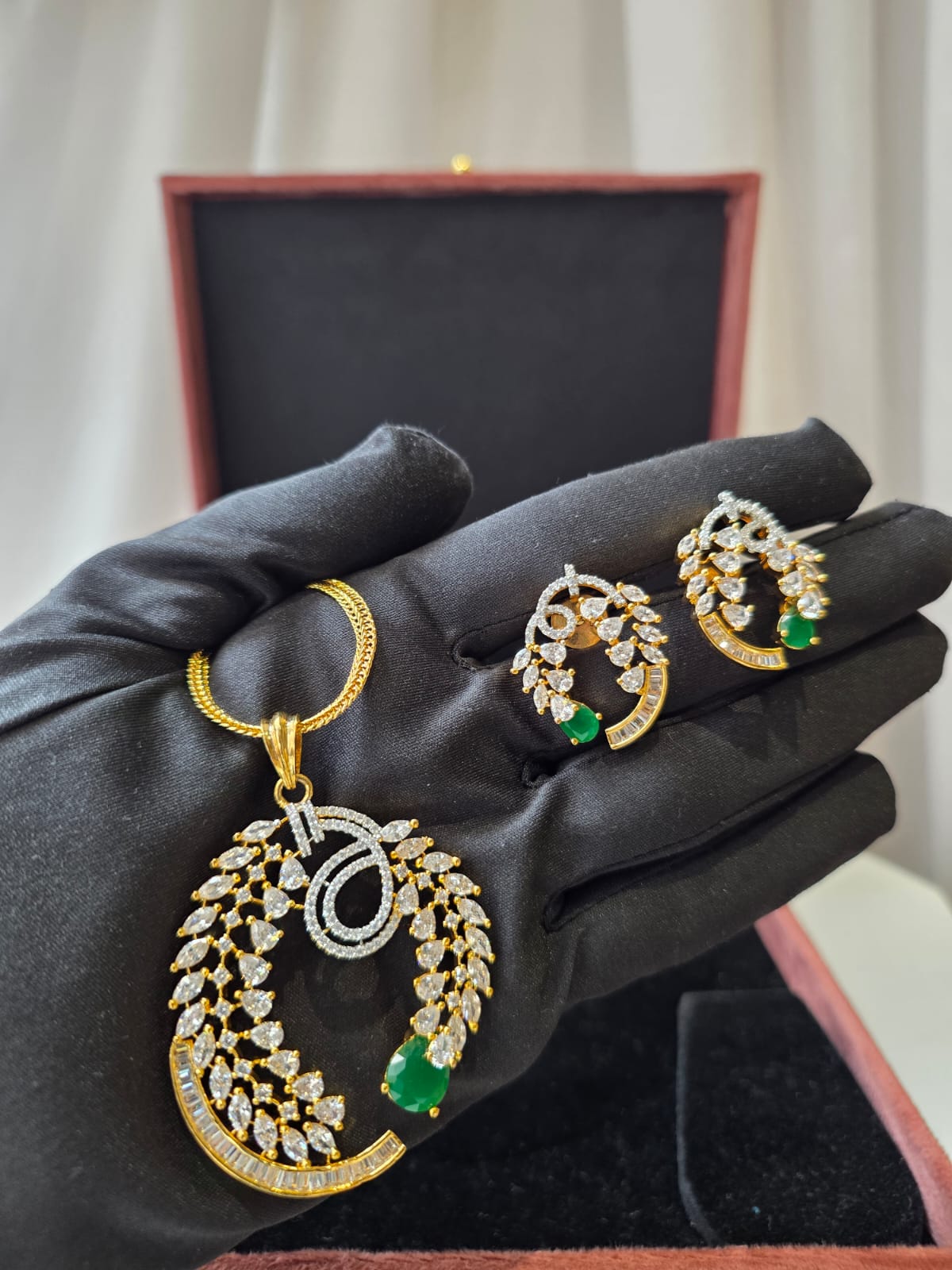 Emerald Cascade Crescent Pendant Set