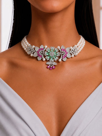 Elan Floral Pearl Diamond Necklace Set