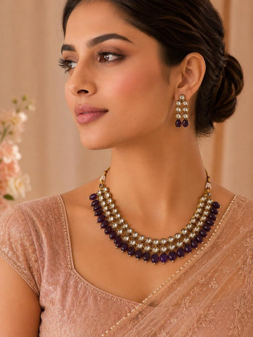 Royal Kundan Lavender Beaded Necklace Set