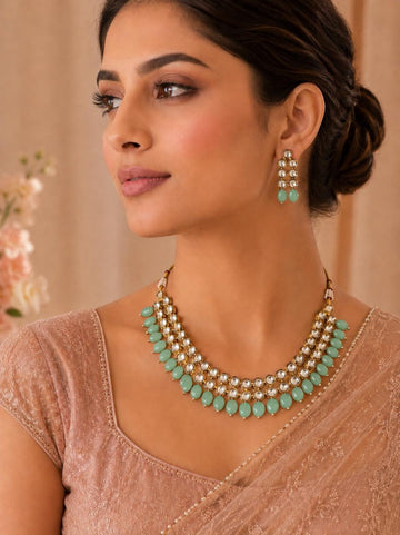Kundan Mint Beaded Single Liners Necklace Set
