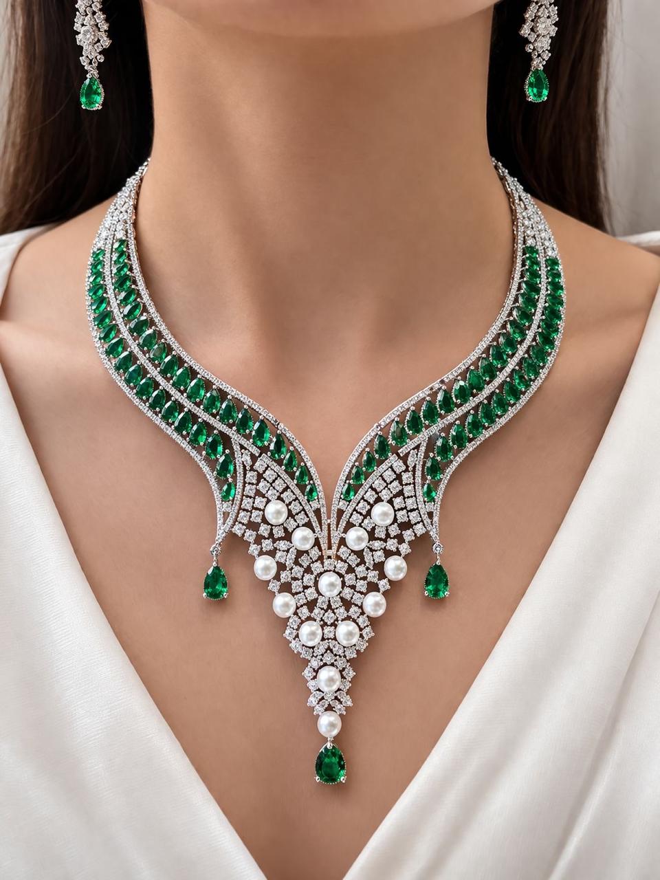 Emerald Pearl Statement Necklace Set