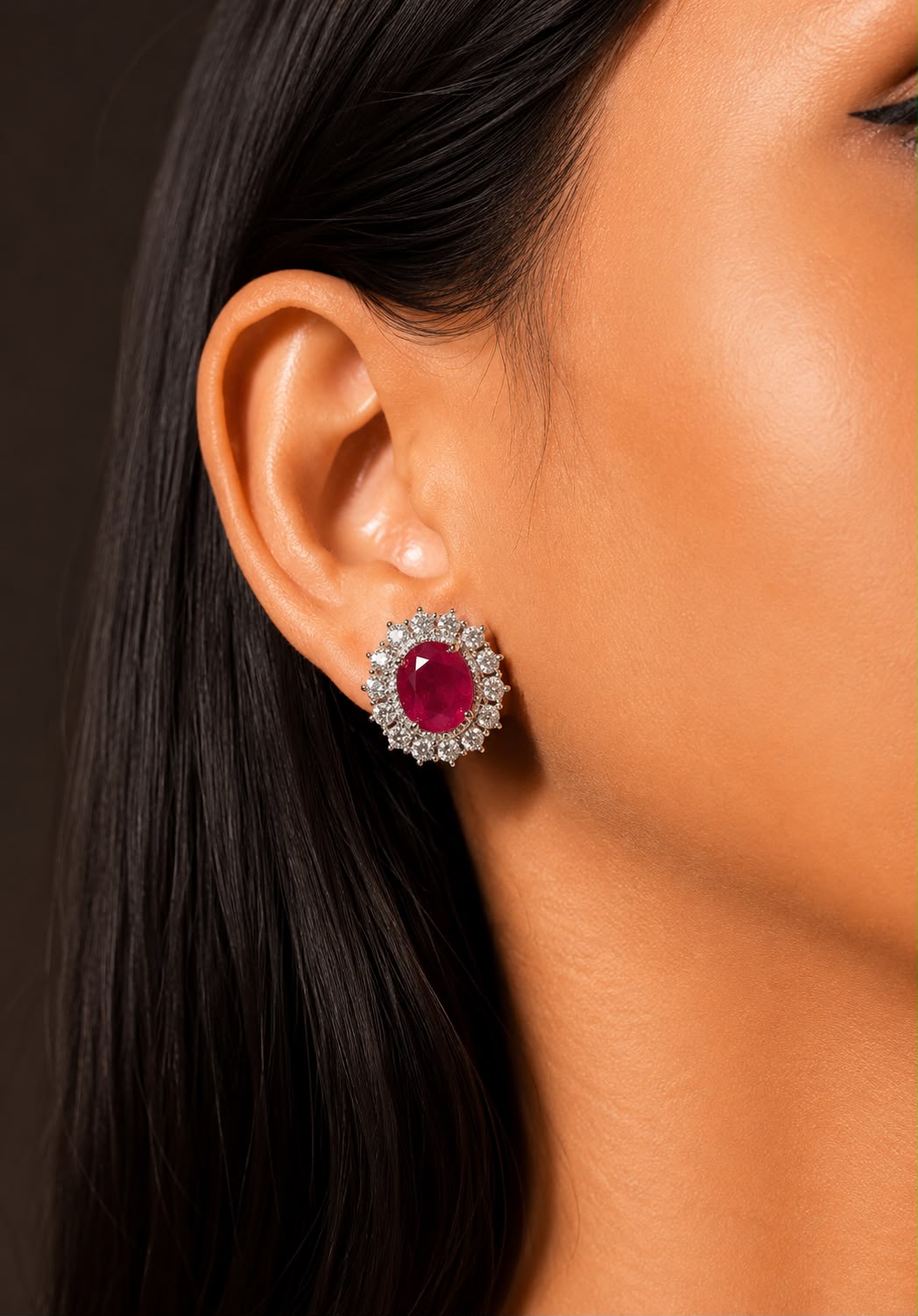 Ruby Oval Diamond Stud Earrings