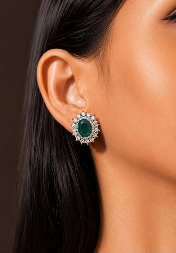 Emerald Oval Diamond Stud Earrings