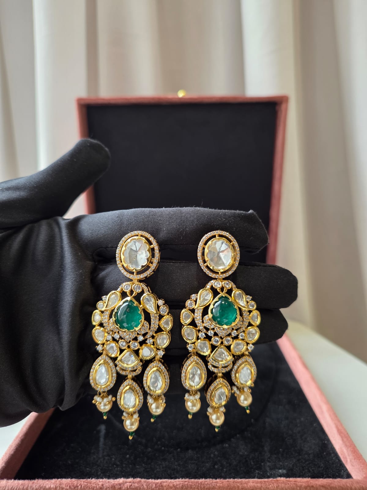 Emerald Ripple Drop Polki Earrings