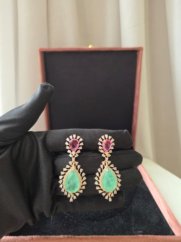 Rosé Emerald Halo Drop Earrings