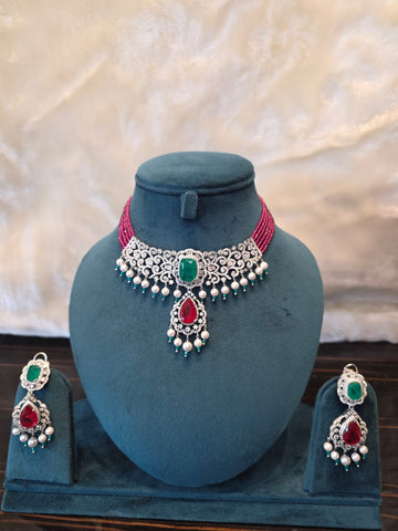 Crystal Ruby Emerald Pearl Beaded Choker Set