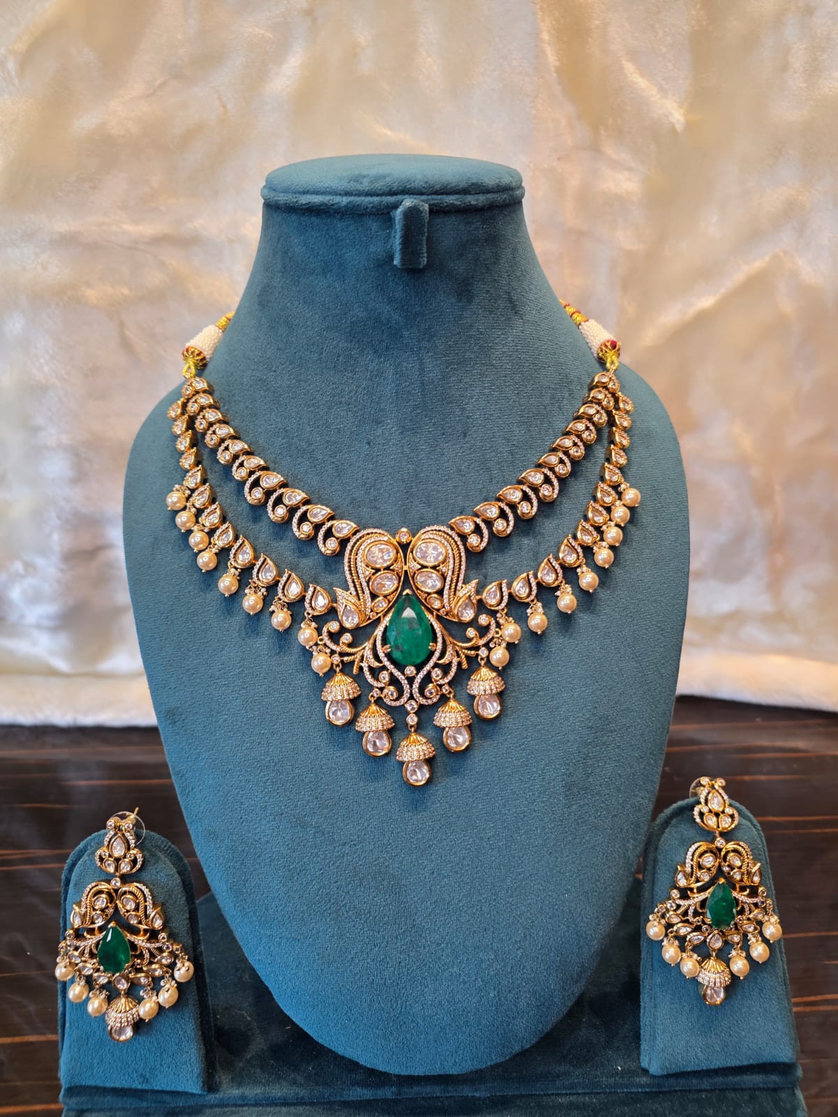 Emerald Pearl Polki Necklace Set