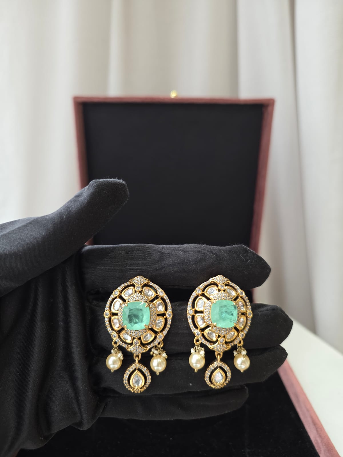 Emerald Kundan Pearl Stud Earrings
