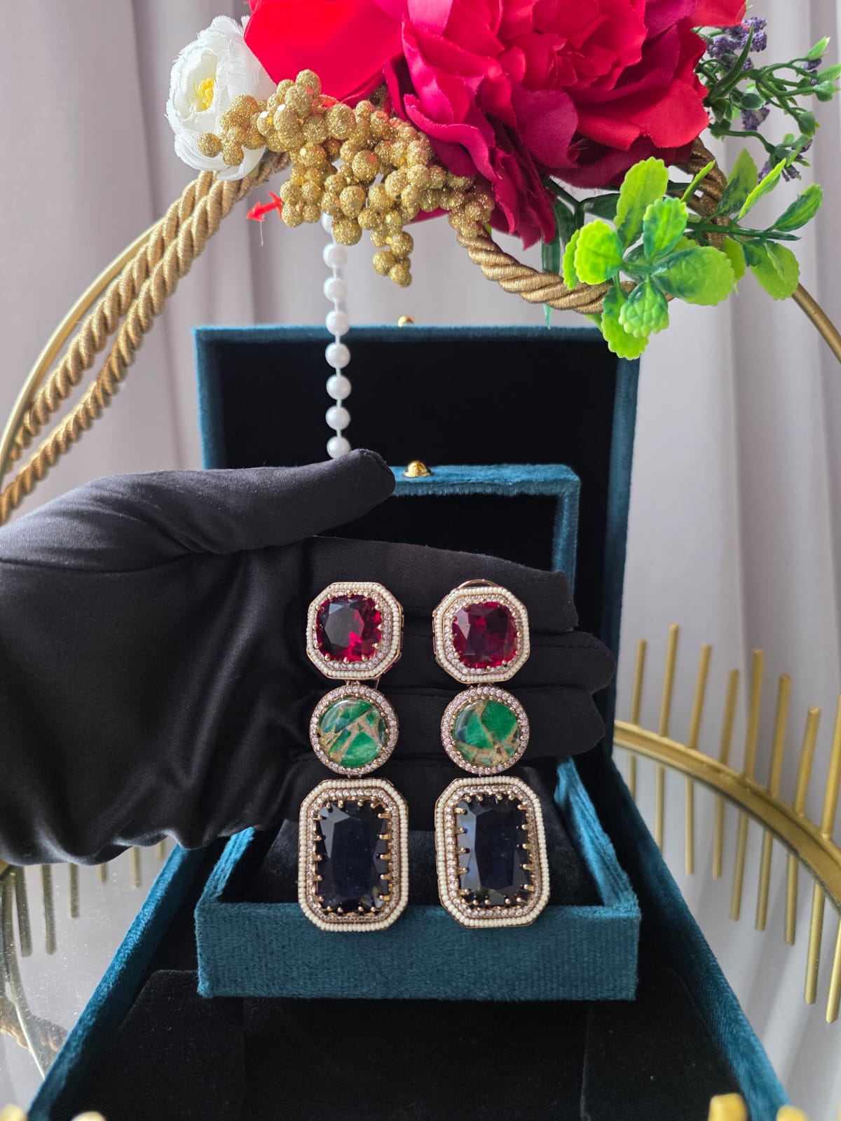 Tricolour Royal Stone Statement Earrings