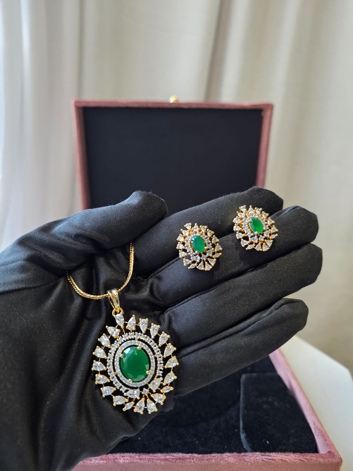 Emerald Halo Pendant Set