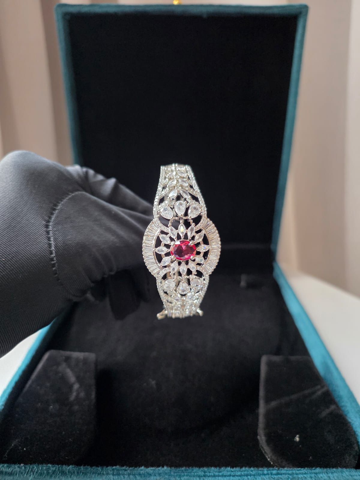 Ruby Halo Diamond Cuff Bracelet