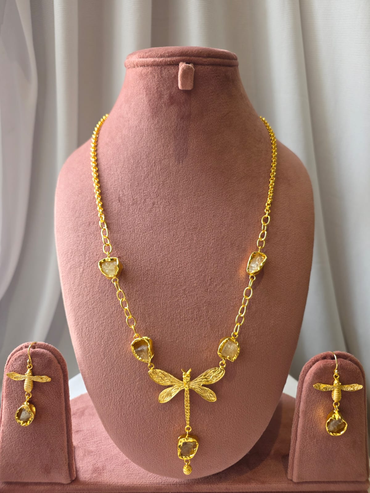 Amber Dragonfly Charm gemstone Necklace Set