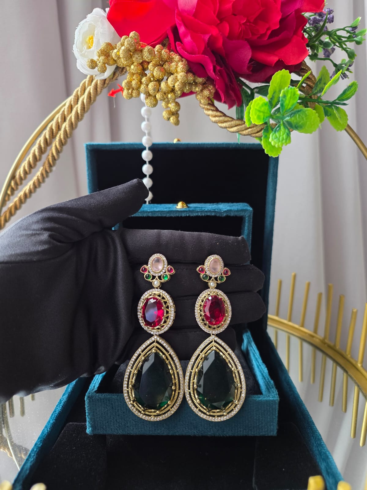 Ruby Emerald Regal Drop Statement Earrings