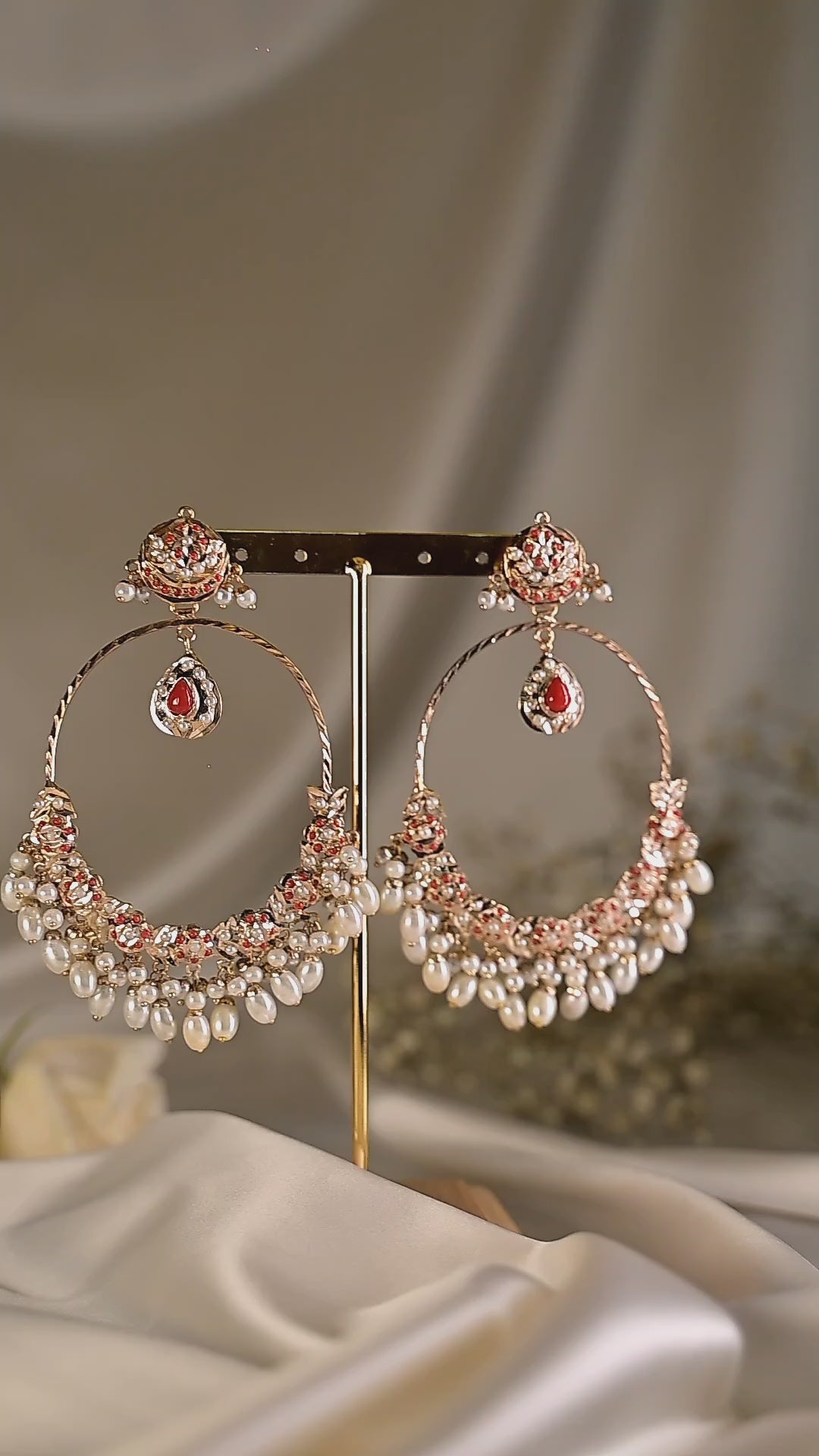 Orange Pearl Jadau Hoop Drop Earrings