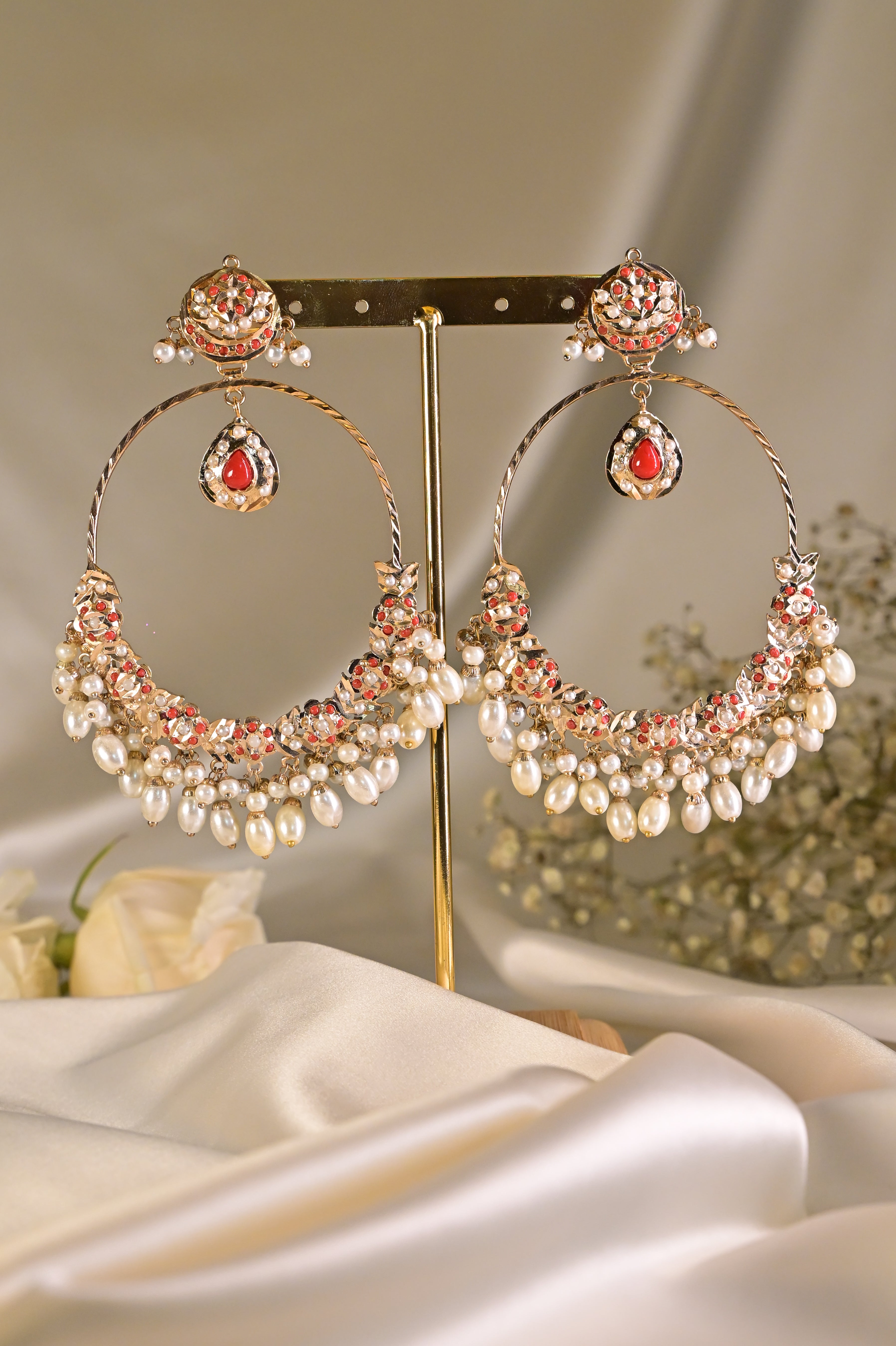 Orange Pearl Jadau Hoop Drop Earrings