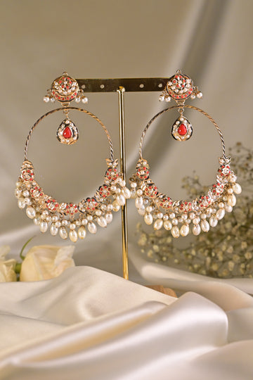 Orange Pearl Jadau Hoop Drop Earrings