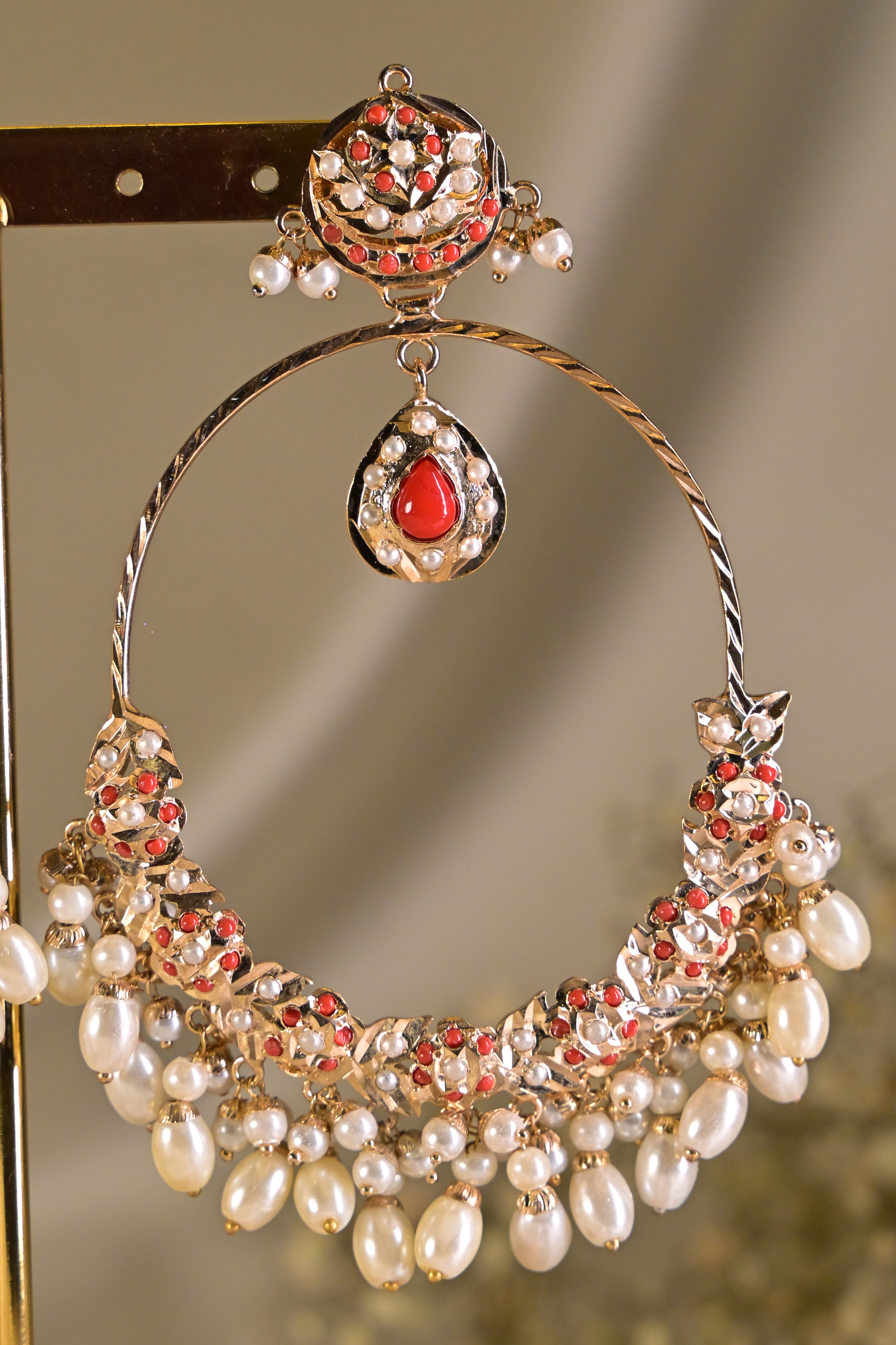 Orange Pearl Jadau Hoop Drop Earrings