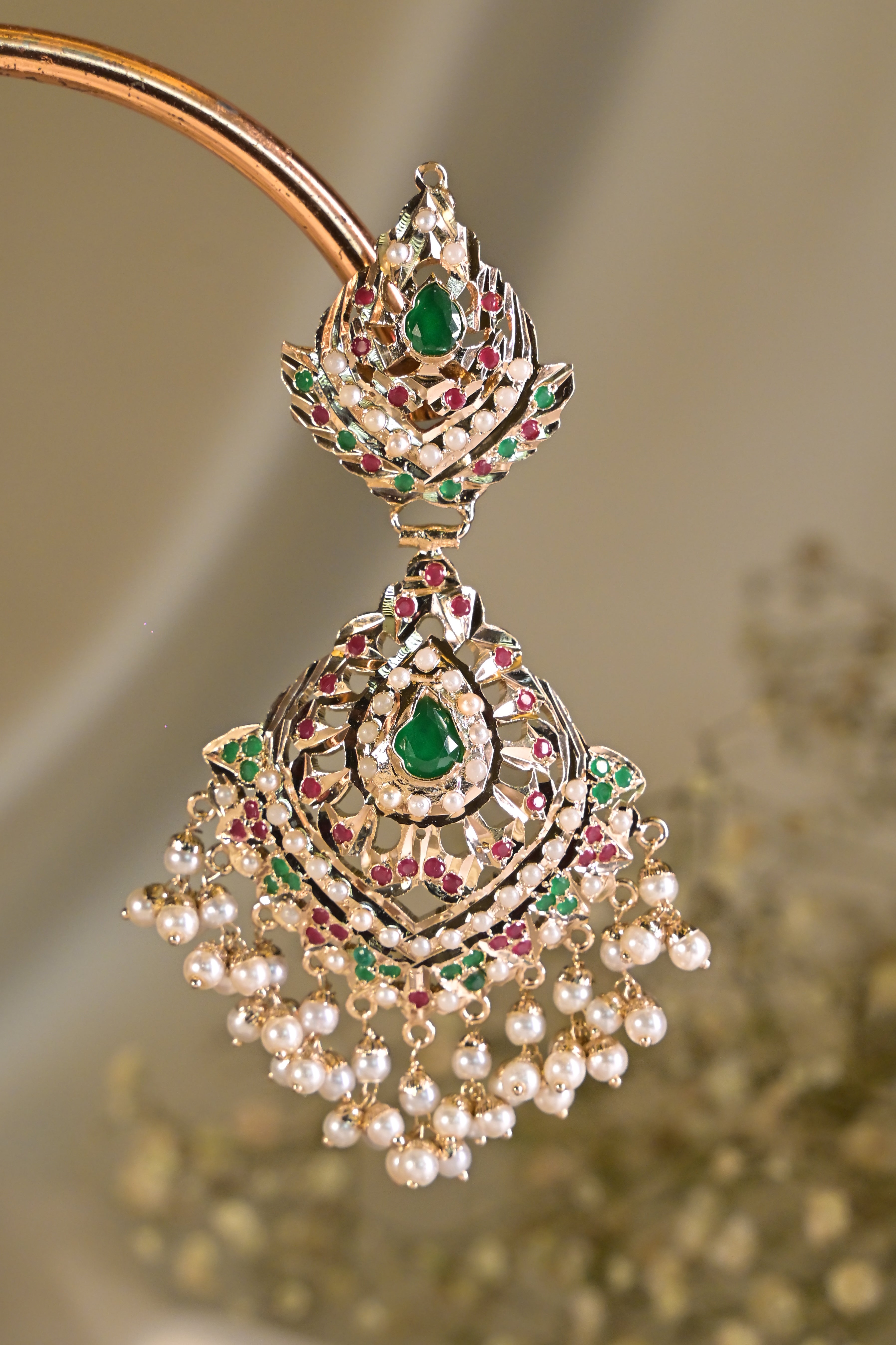 Emerald Jadau Pearl Chandbali Earrings