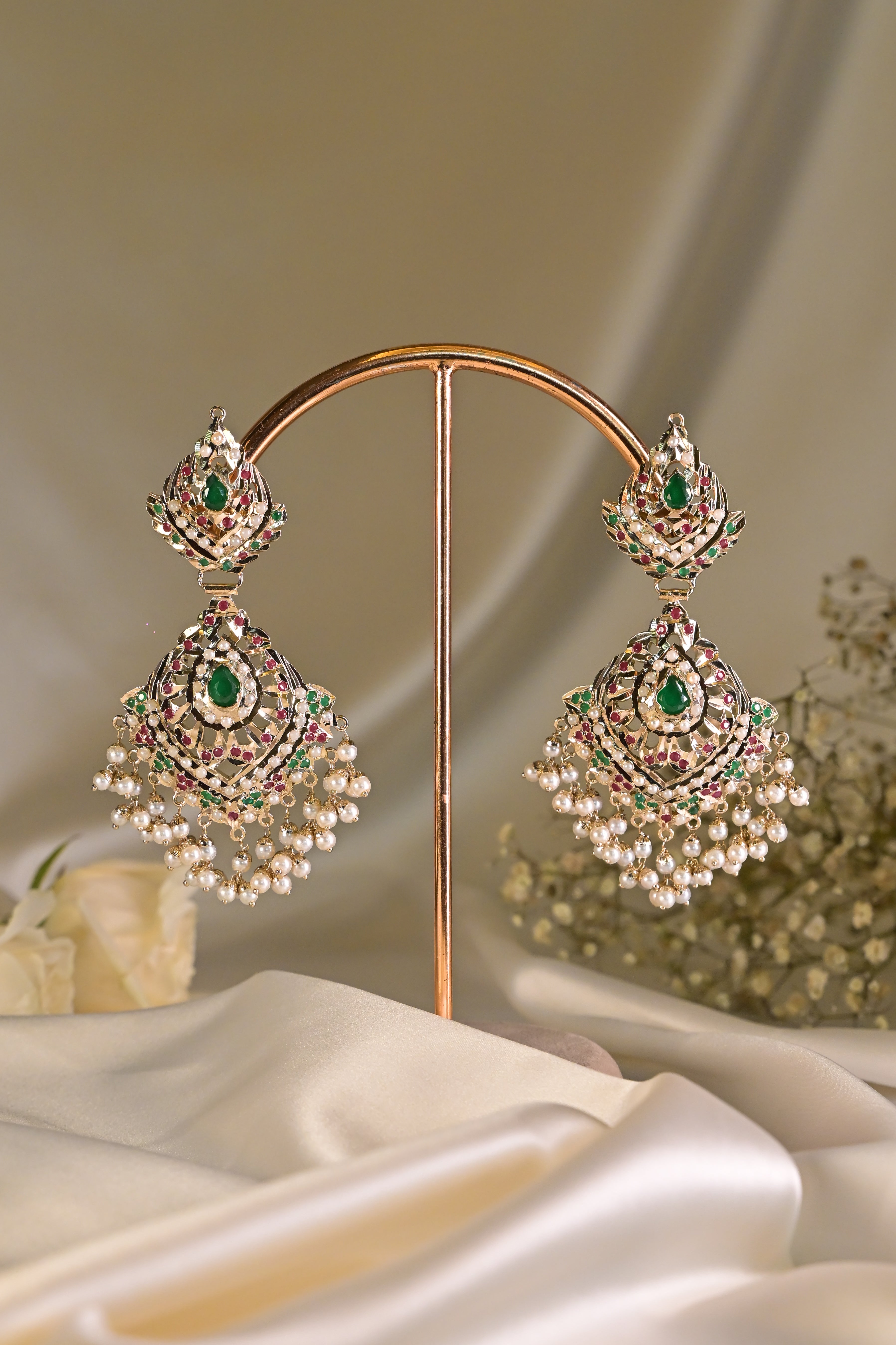 Emerald Jadau Pearl Chandbali Earrings