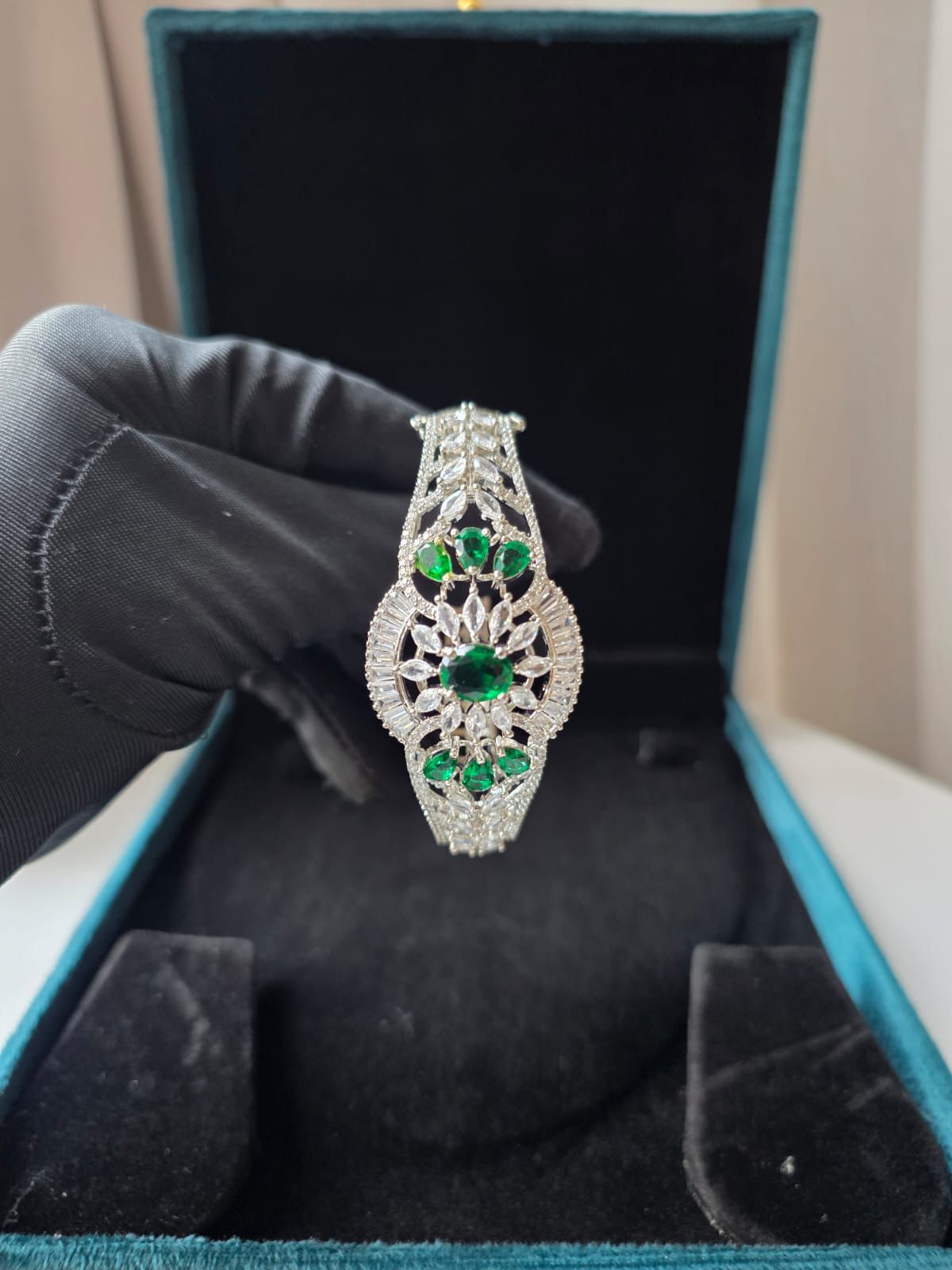 Emerald Halo Diamond Cuff Bracelet