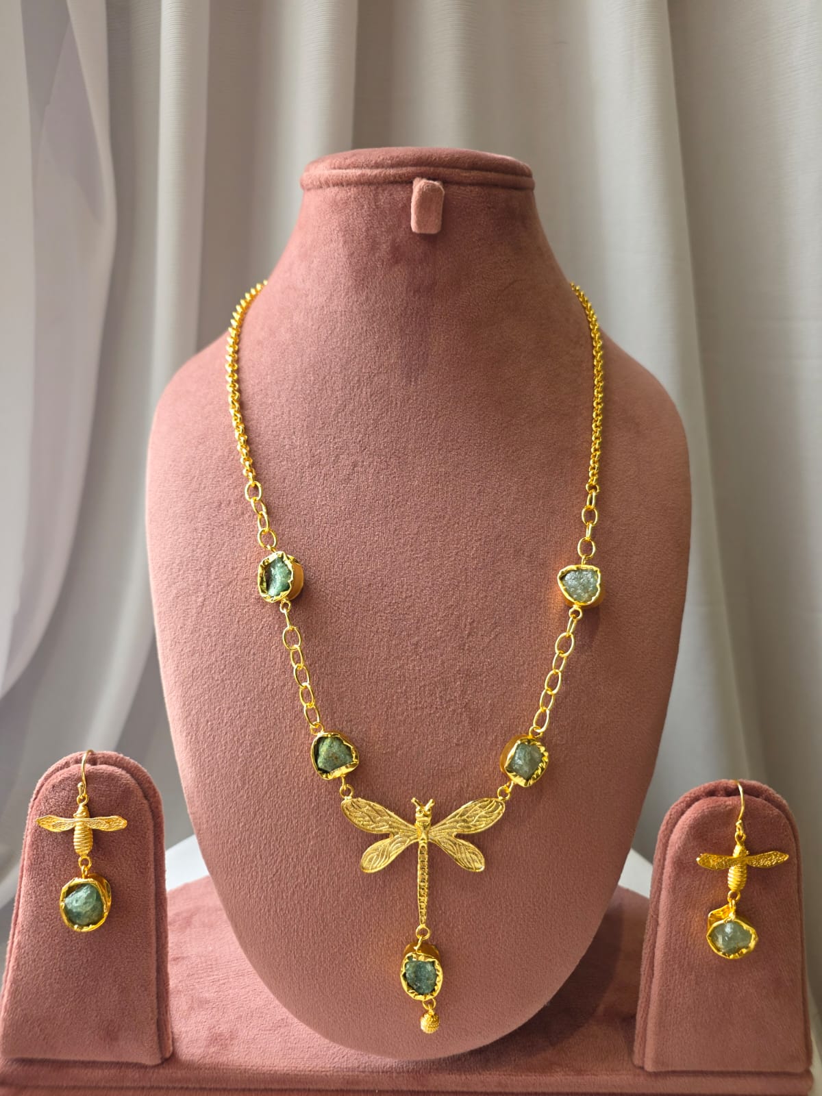 Dragonfly Charm green gemstone Necklace Set